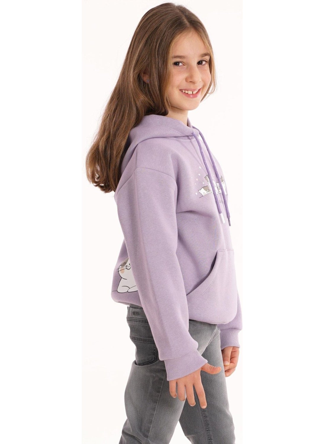 Cat Printed Kangaroo Pocket Dusty Lilac Color Girl's Hooded Sweater