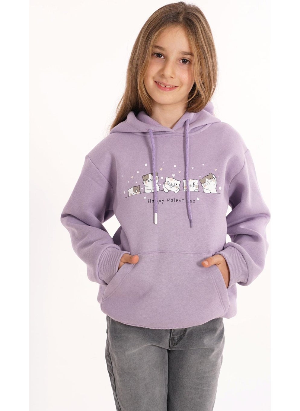 Cat Printed Kangaroo Pocket Dusty Lilac Color Girl's Hooded Sweater