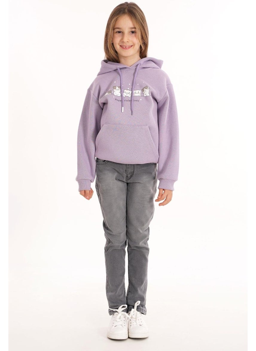 Cat Printed Kangaroo Pocket Dusty Lilac Color Girl's Hooded Sweater