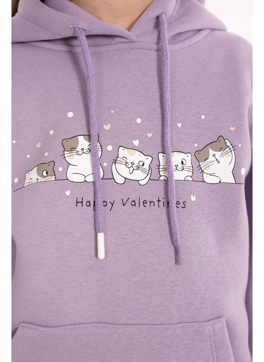 Cat Printed Kangaroo Pocket Dusty Lilac Color Girl's Hooded Sweater