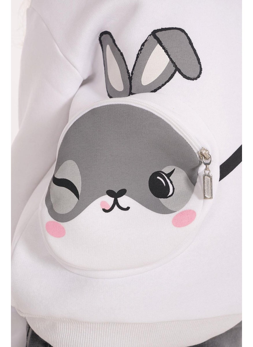 Rabbit Printed Bag White Color Girl Sweater