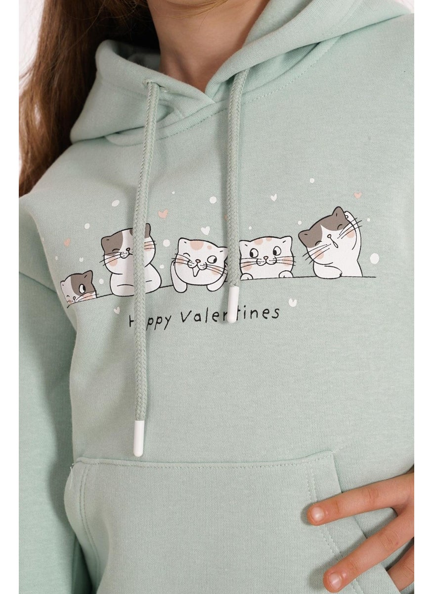 Cat Printed Kangaroo Pocket Dust Mint Color Girl's Hooded Sweater