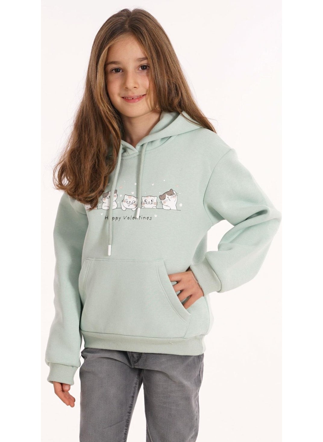 Cat Printed Kangaroo Pocket Dust Mint Color Girl's Hooded Sweater