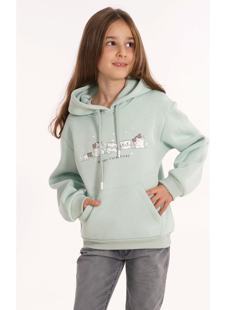 Cat Printed Kangaroo Pocket Dust Mint Color Girl's Hooded Sweater