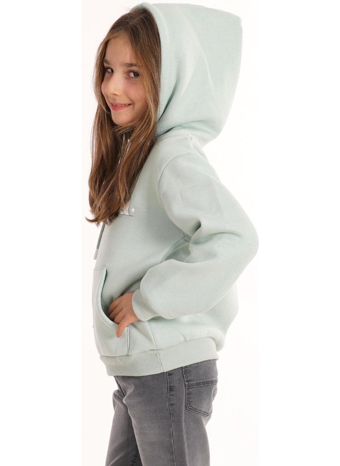 Cat Printed Kangaroo Pocket Dust Mint Color Girl's Hooded Sweater