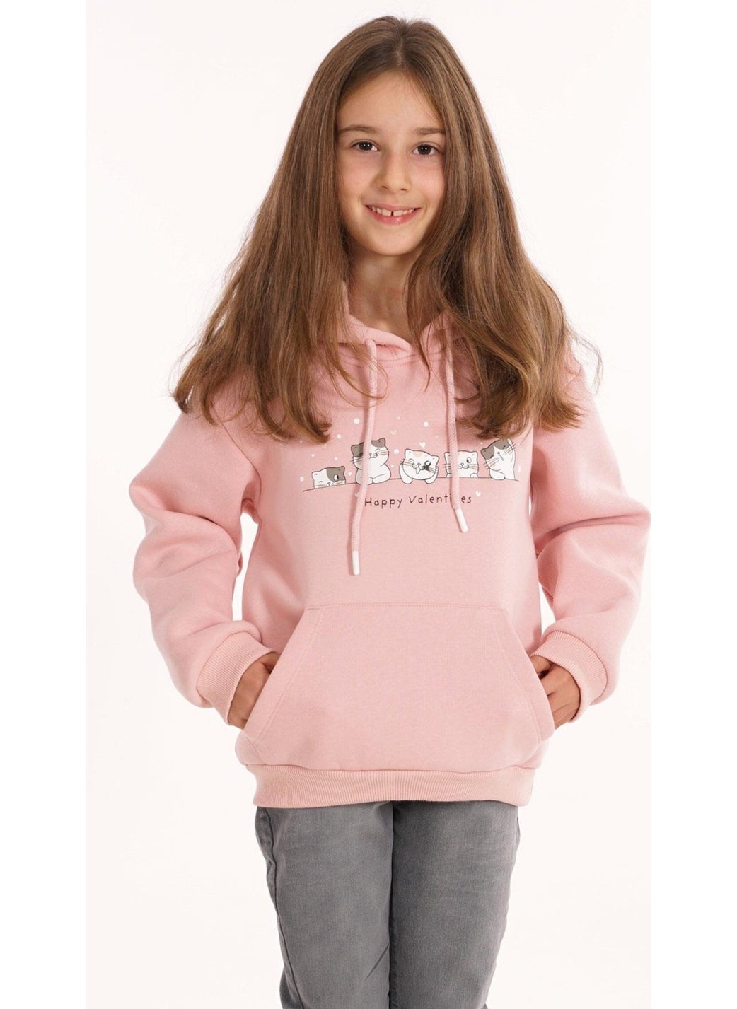 Cat Printed Kangaroo Pocket Dusty Pink Color Girl's Hooded Sweater