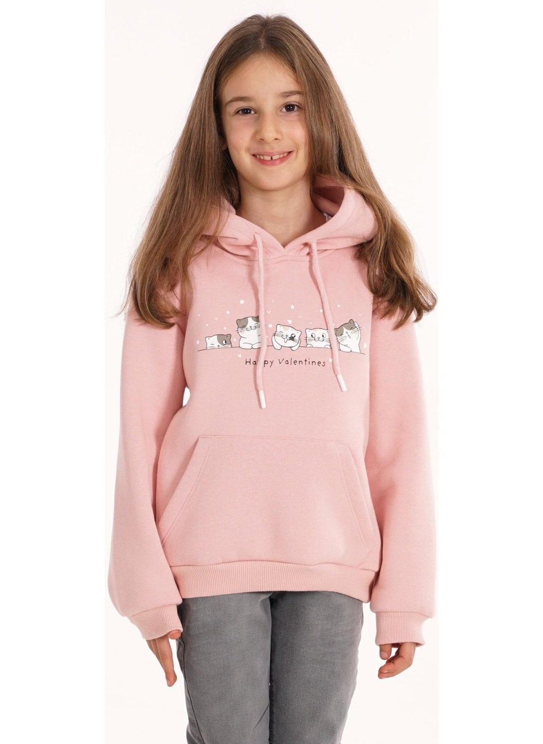 Cat Printed Kangaroo Pocket Dusty Pink Color Girl's Hooded Sweater