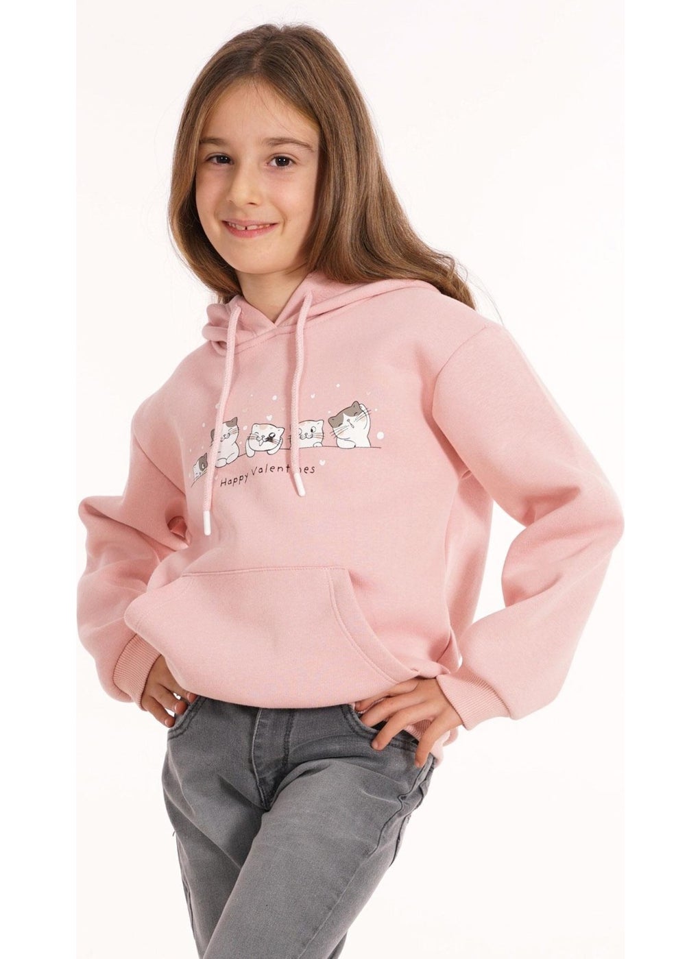 Cat Printed Kangaroo Pocket Dusty Pink Color Girl's Hooded Sweater