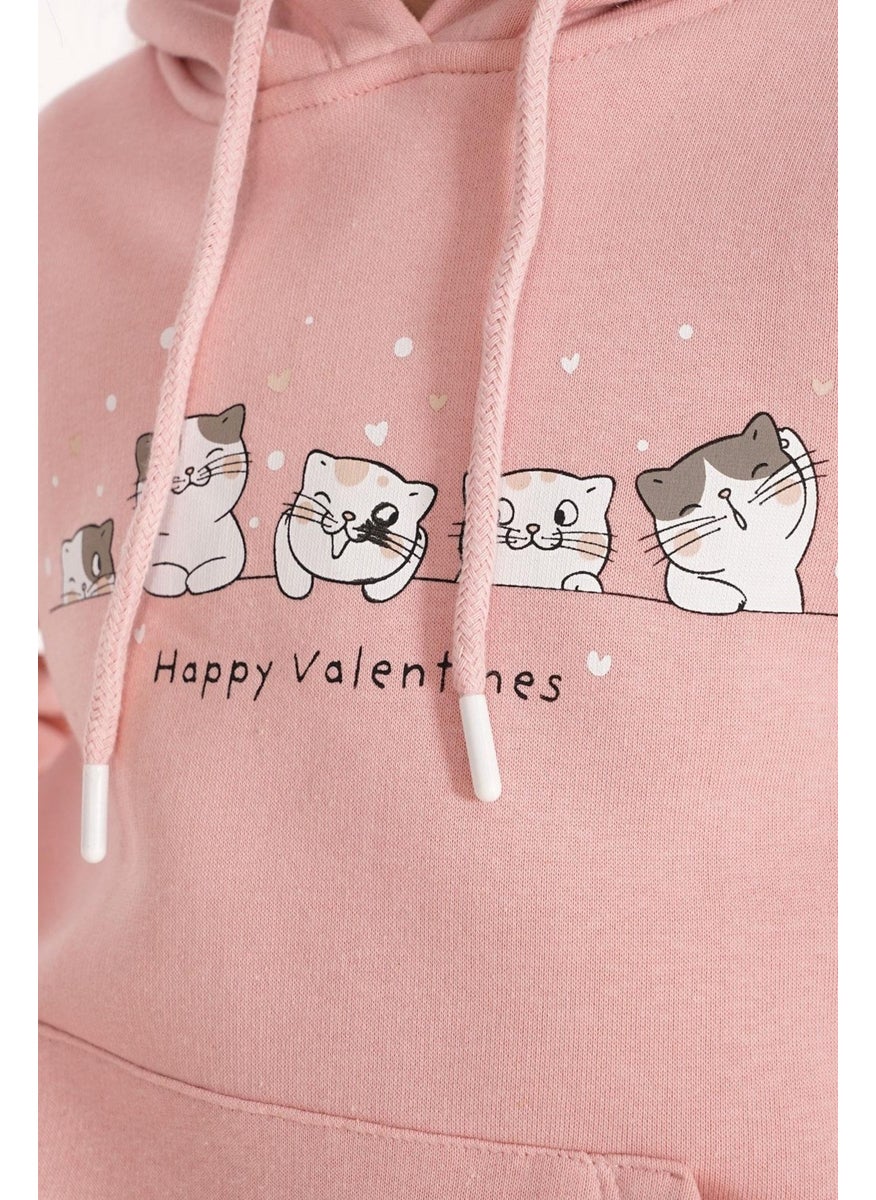 Cat Printed Kangaroo Pocket Dusty Pink Color Girl's Hooded Sweater