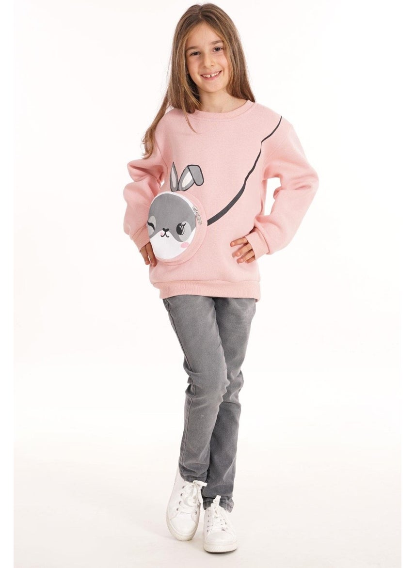 Dusty Pink Color Girl Sweater with Rabbit Printed Bag