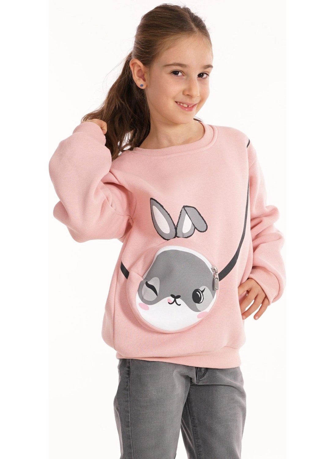 Dusty Pink Color Girl Sweater with Rabbit Printed Bag