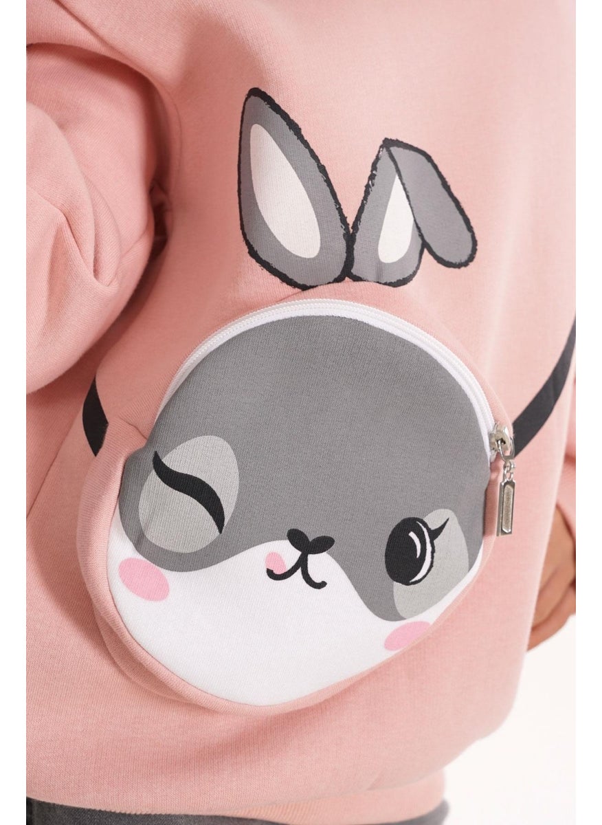 Dusty Pink Color Girl Sweater with Rabbit Printed Bag