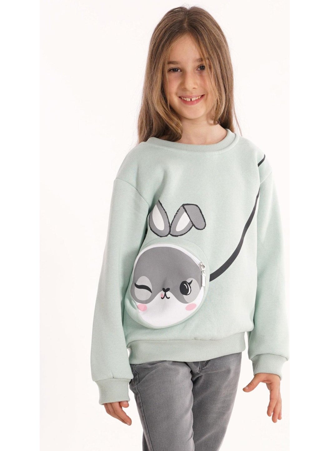 Rabbit Printed Mint Color Girl Sweater with Bag