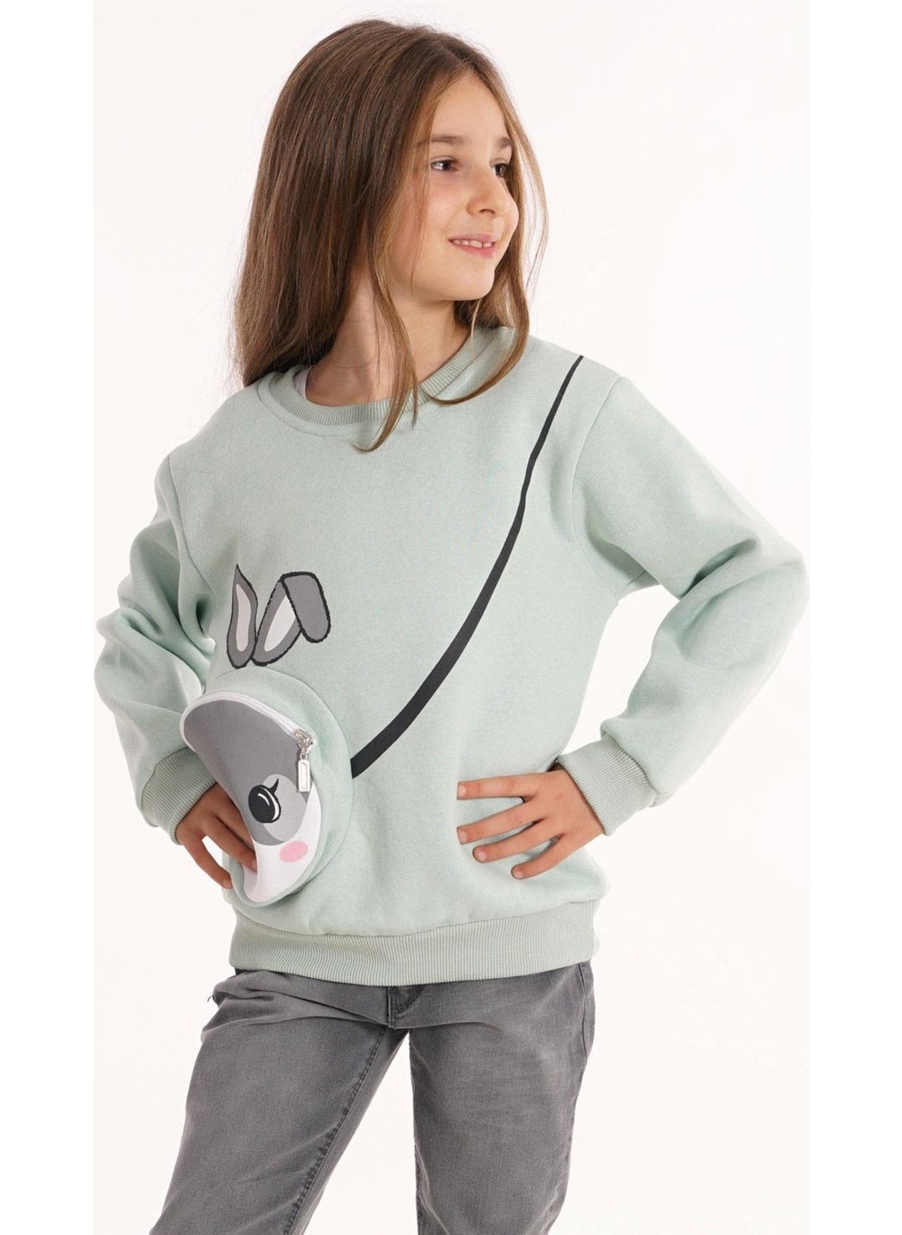 Rabbit Printed Mint Color Girl Sweater with Bag