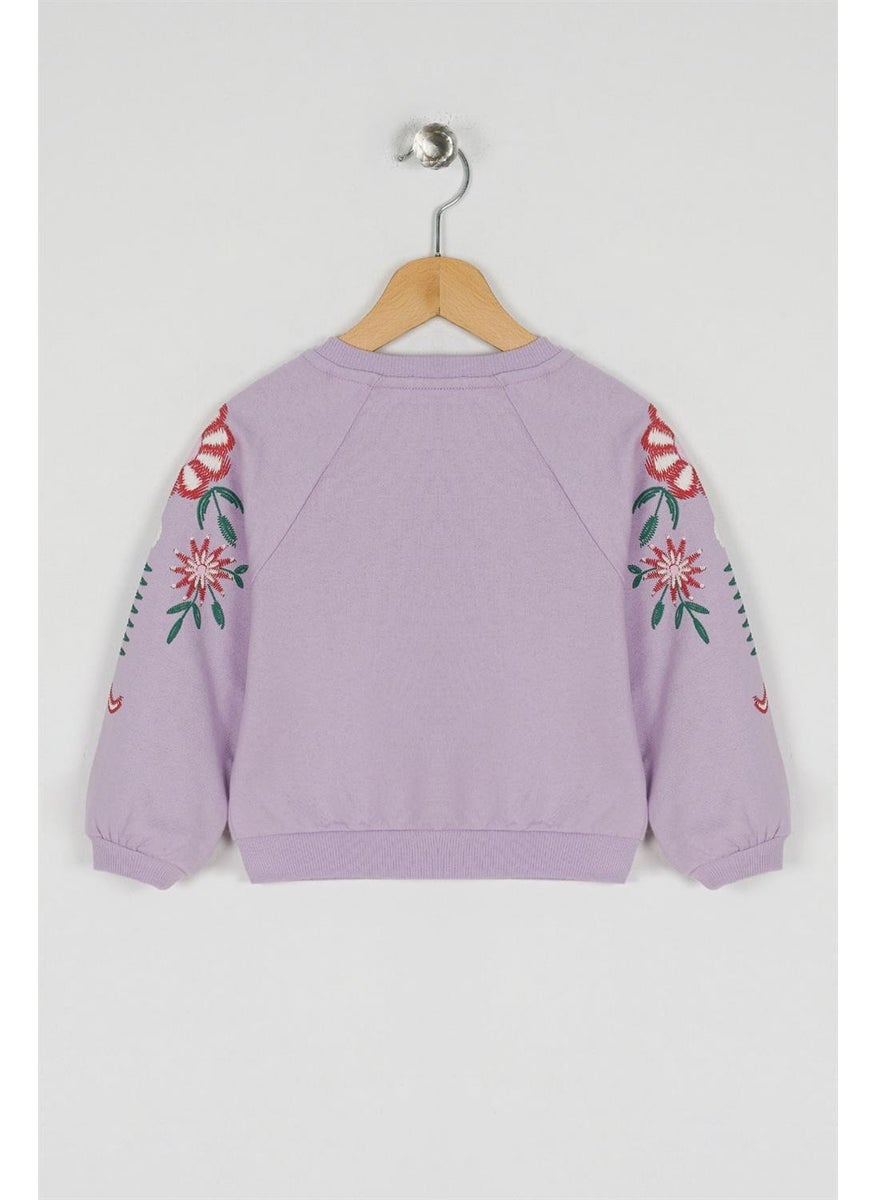 Girls' Lilac Colored Sleeves Floral Printed Sweatshirt