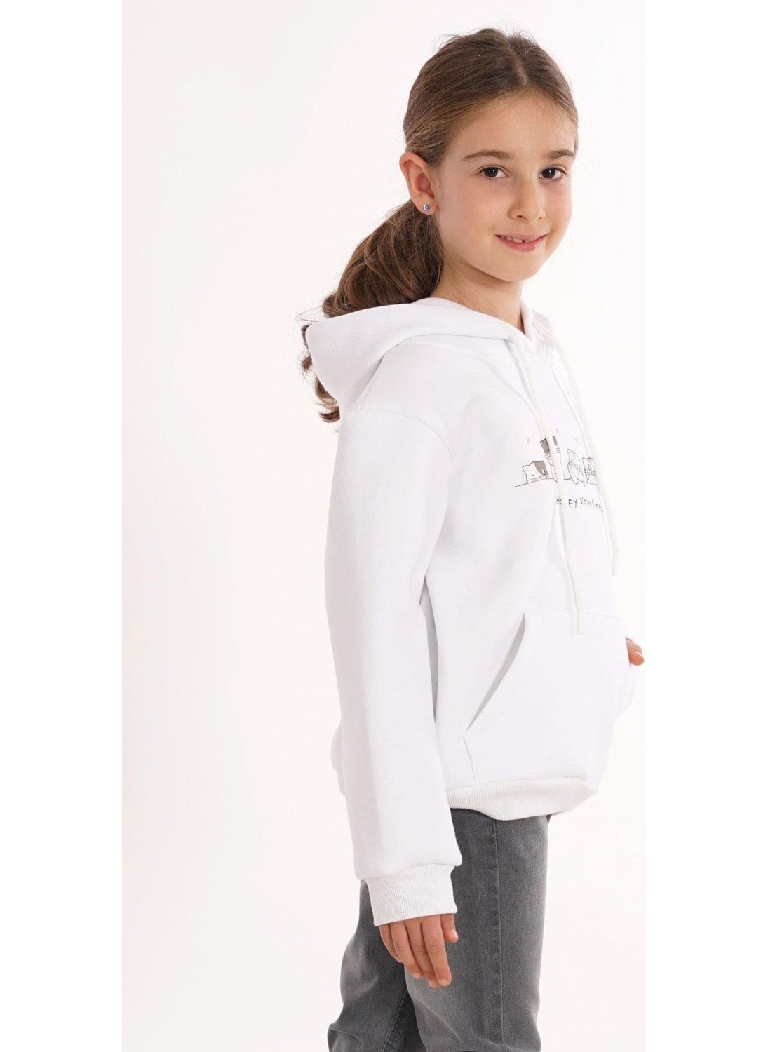 Cat Printed Kangaroo Pocket White Color Girl's Hooded Sweater