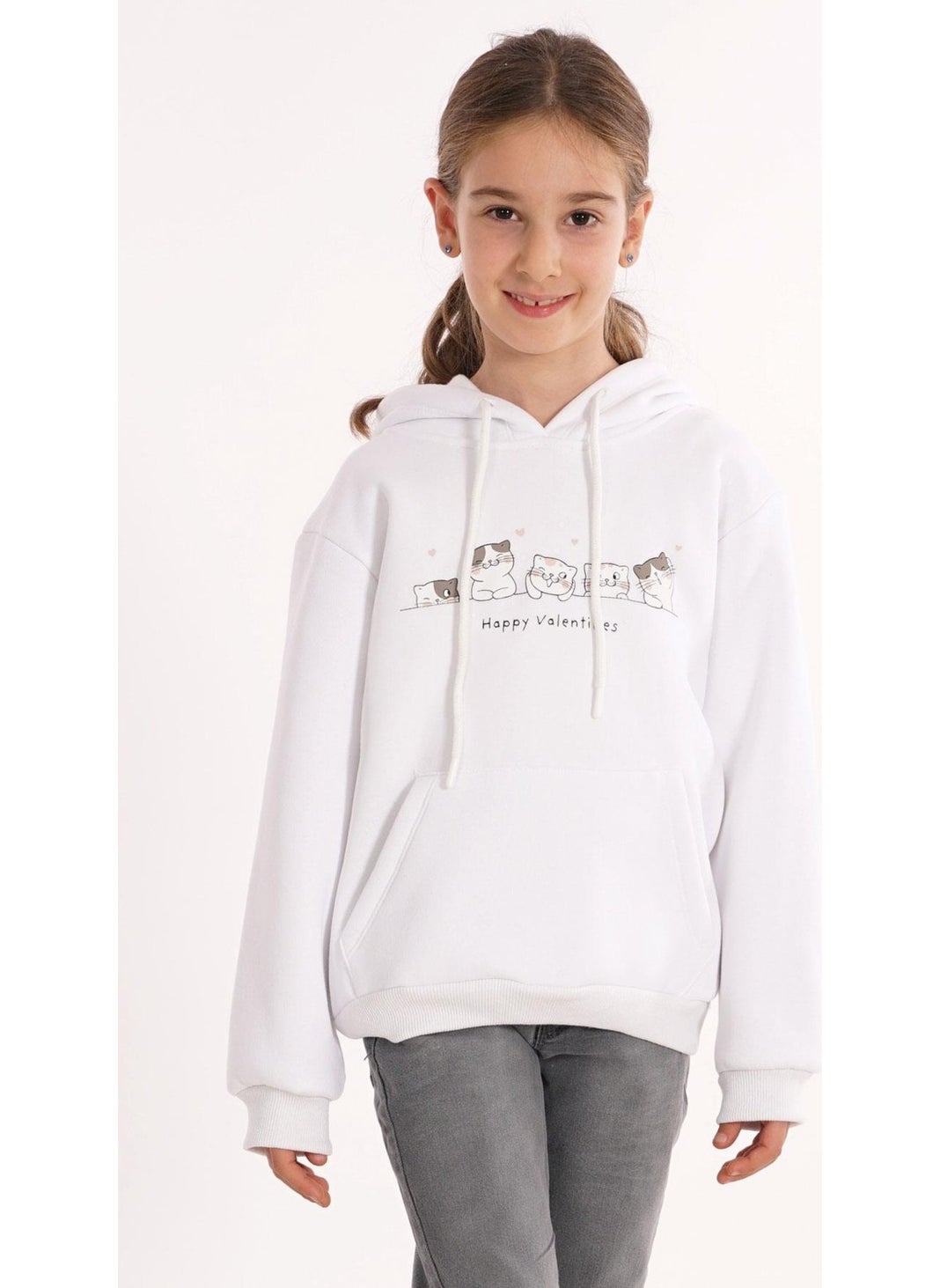 Cat Printed Kangaroo Pocket White Color Girl's Hooded Sweater