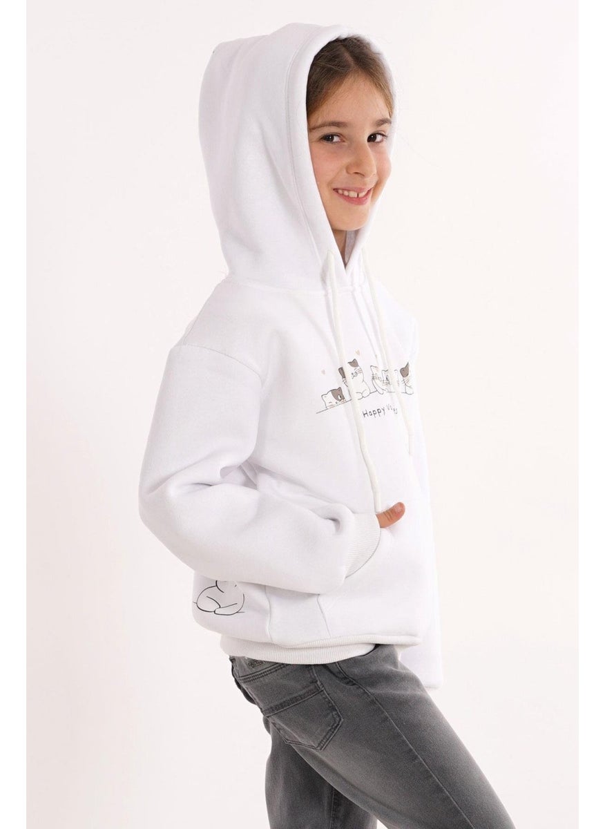 Cat Printed Kangaroo Pocket White Color Girl's Hooded Sweater