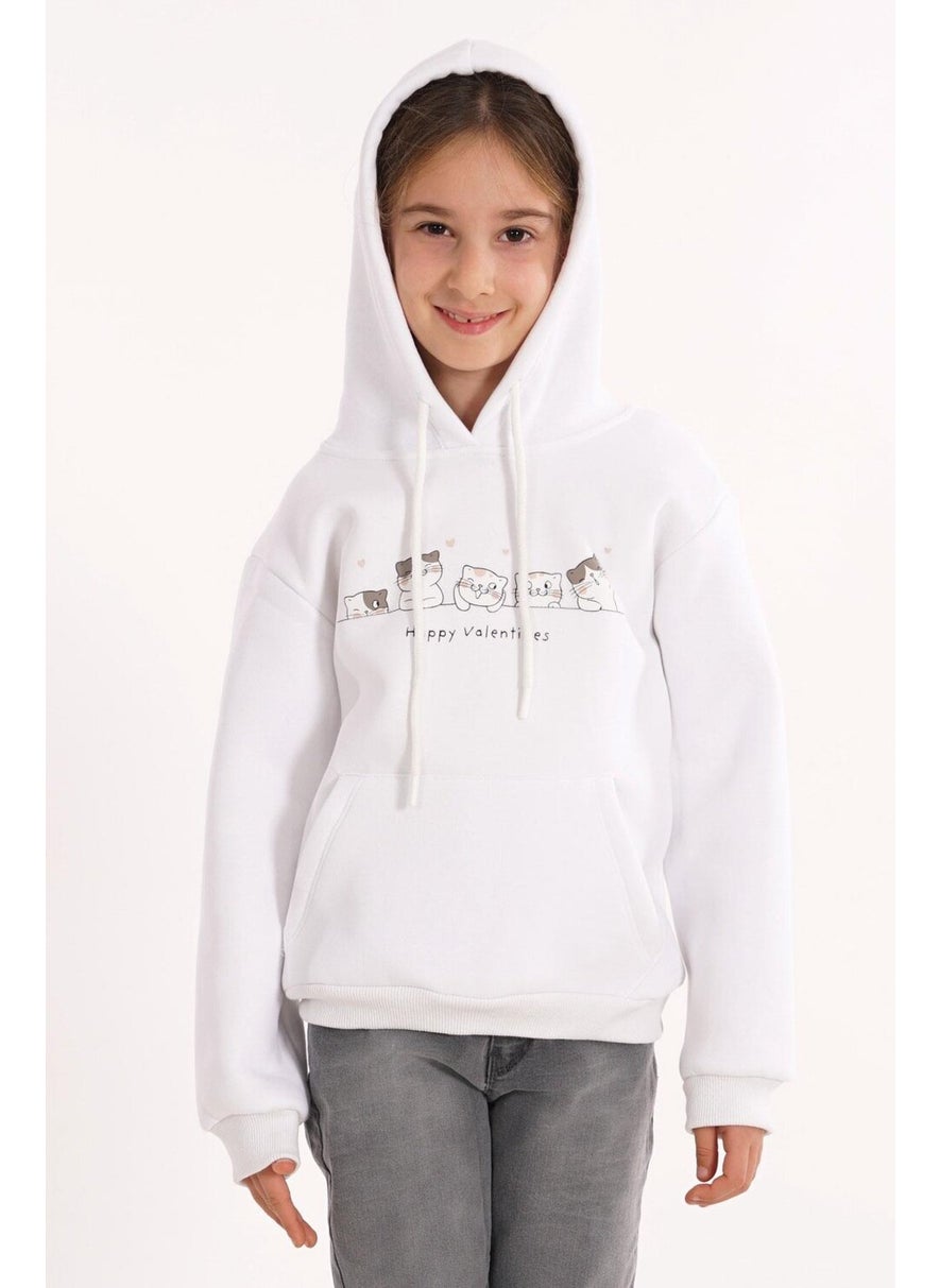 Cat Printed Kangaroo Pocket White Color Girl's Hooded Sweater