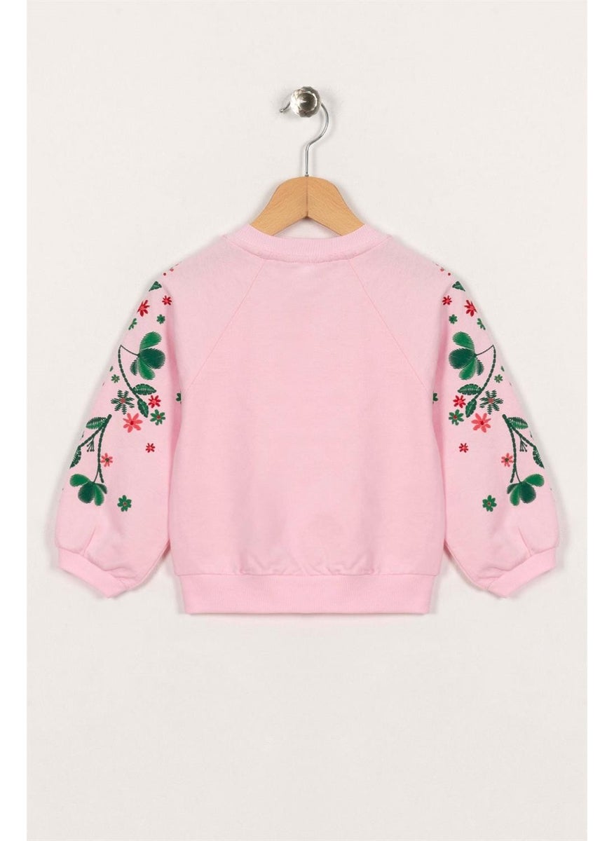 Girls Powder Colored Raglan Sleeve Floral Printed Sweatshirt