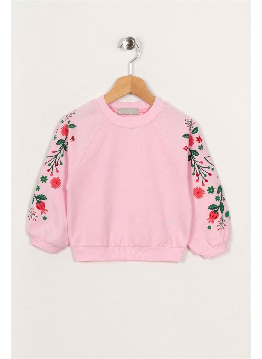 Girls Powder Colored Raglan Sleeve Floral Printed Sweatshirt