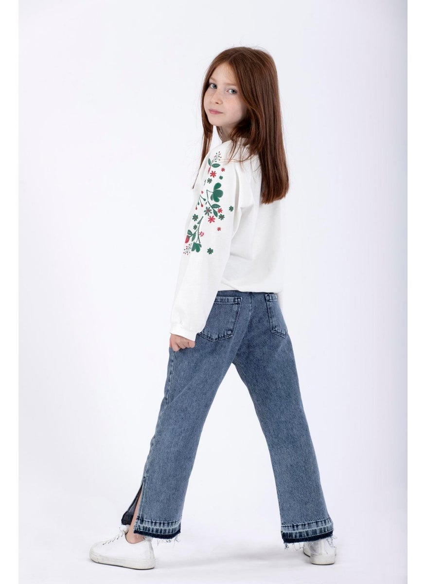 Girls Ecru Colored Raglan Sleeve Floral Printed Sweatshirt