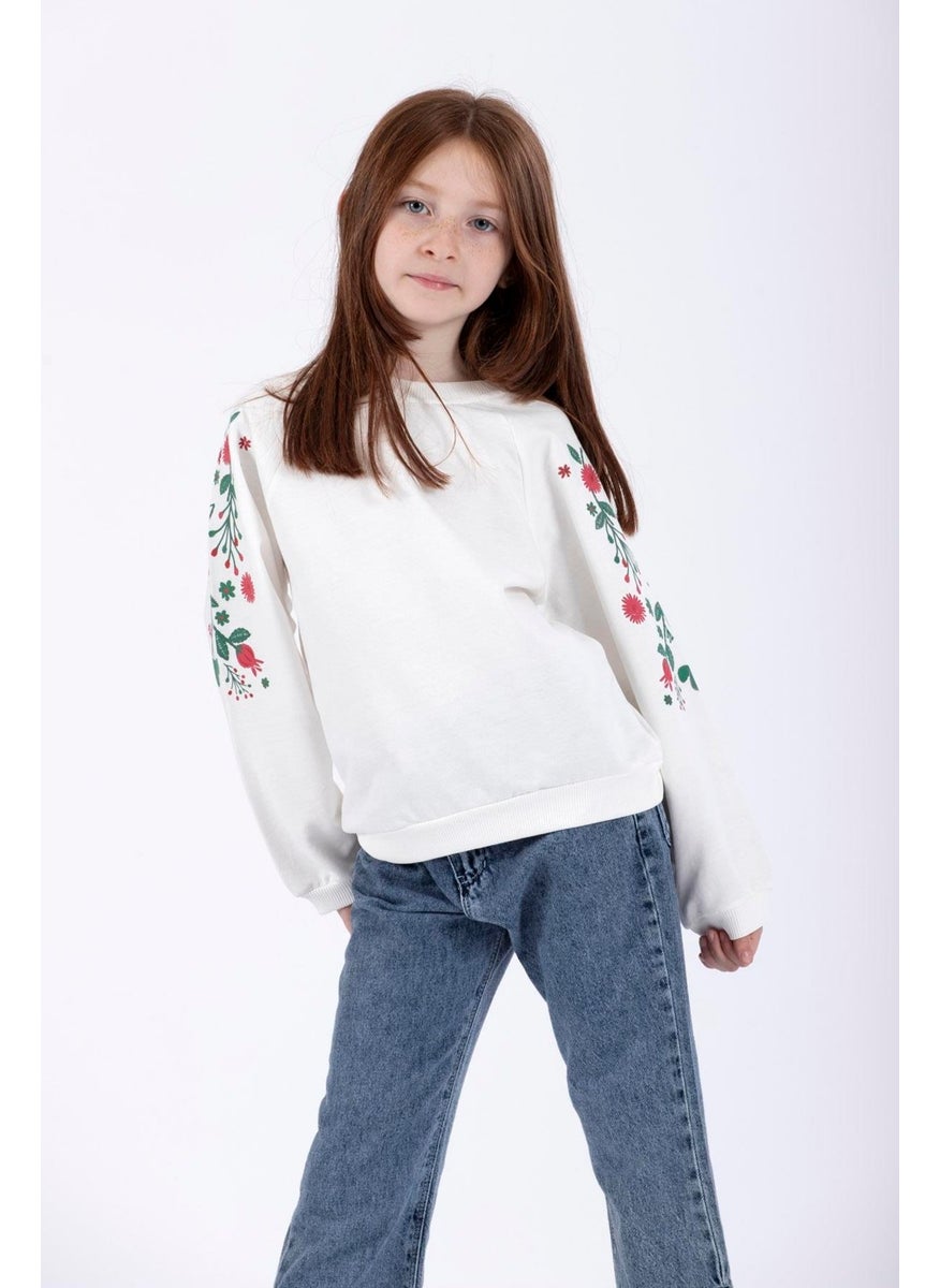 Girls Ecru Colored Raglan Sleeve Floral Printed Sweatshirt