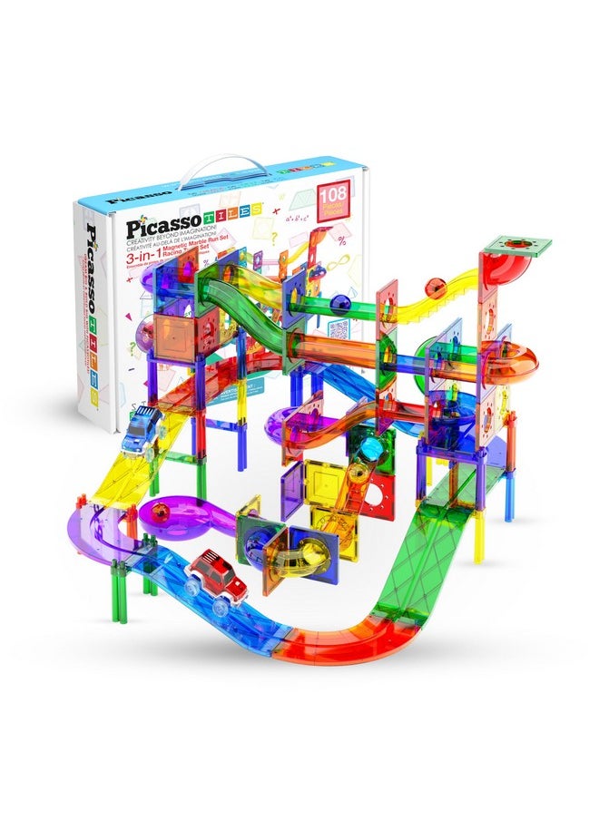 108Pc 3-In-1 Marble Run Car Race Track Combo Magnetic Tiles Picassotoys Magnet Building Block Educational Construction Toy Playset Stem Steam Learning Kit Child Brain Development Ptg108