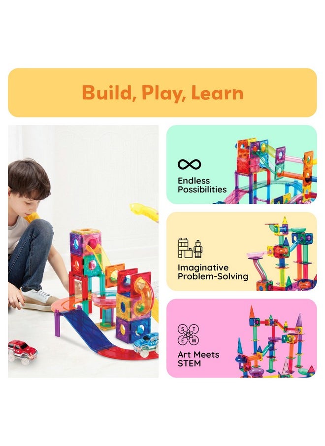 108Pc 3-In-1 Marble Run Car Race Track Combo Magnetic Tiles Picassotoys Magnet Building Block Educational Construction Toy Playset Stem Steam Learning Kit Child Brain Development Ptg108