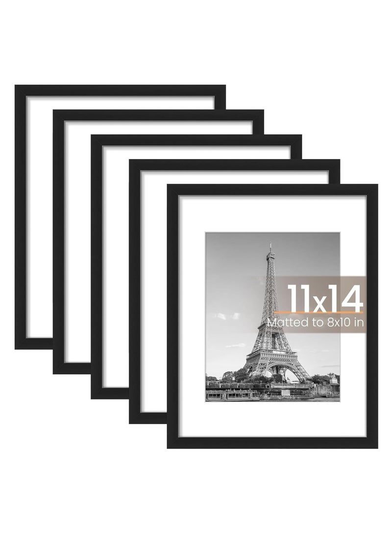 DECORHILLS 11x14 Picture Frame Set of 5, Display 8x10 Photos with Mat or 11x14 Without Mat, Wall Gallery Photo Black