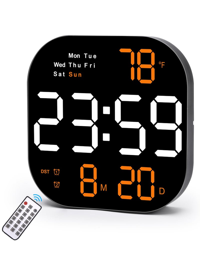 10.5-Inch Display Digital Alarm Clock with Remote Control | LED Electronic Clock for Bedroom, Living Room, and Office | Automatic Brightness Dimmer, Temperature Display, and Battery Backup (Orange)