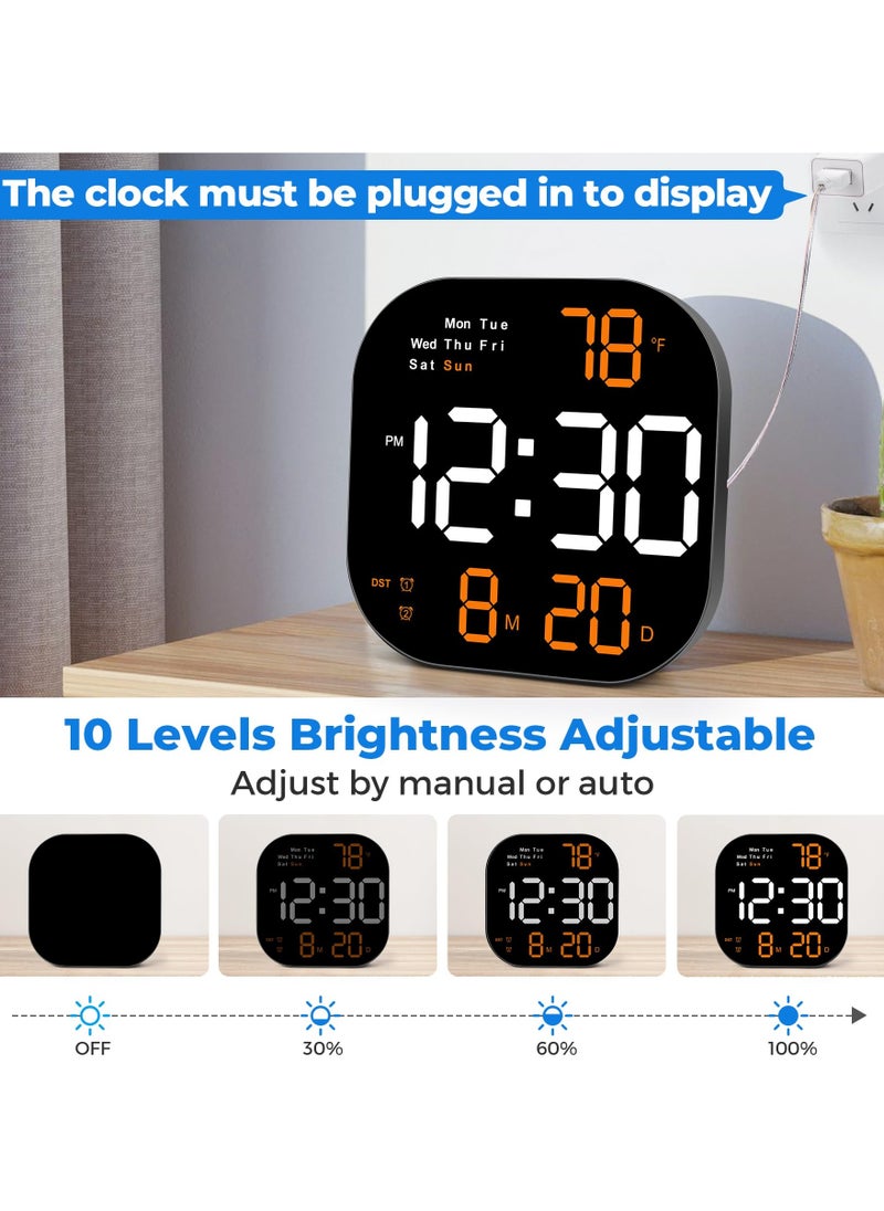 10.5-Inch Display Digital Alarm Clock with Remote Control | LED Electronic Clock for Bedroom, Living Room, and Office | Automatic Brightness Dimmer, Temperature Display, and Battery Backup (Orange)