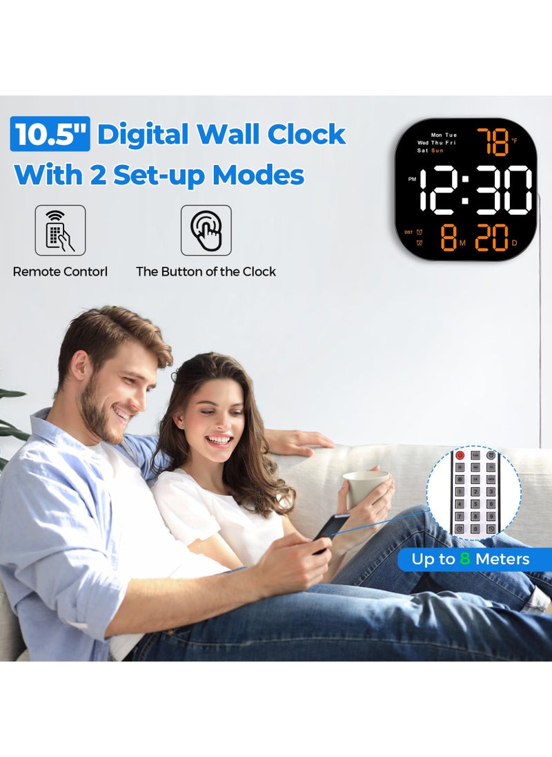 10.5-Inch Display Digital Alarm Clock with Remote Control | LED Electronic Clock for Bedroom, Living Room, and Office | Automatic Brightness Dimmer, Temperature Display, and Battery Backup (Orange)