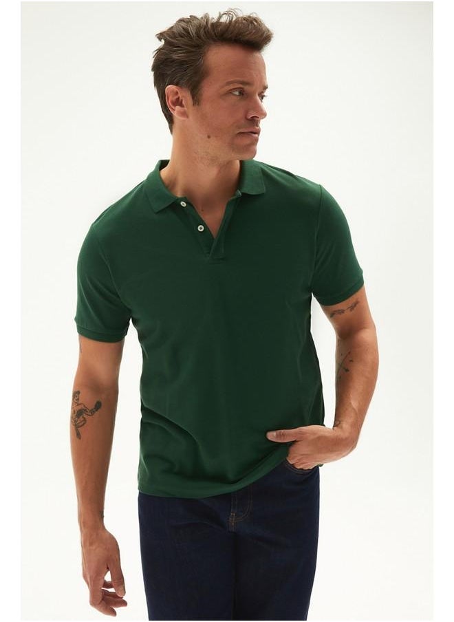 June Men 100% Cotton Basic Relaxed Fit Polo Neck Tshirt Dark Green