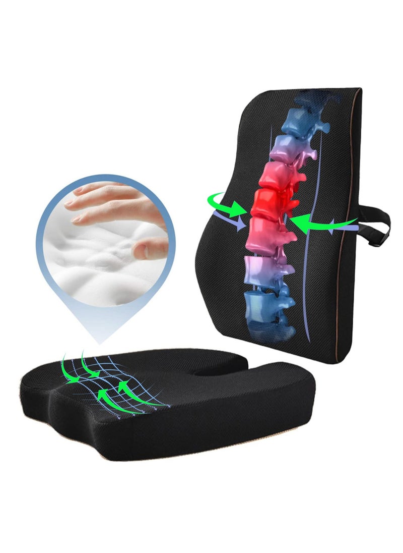 Advanced Portable Ergonomic Seat Cushion and Lumbar Support Pillow Set with Extra Large Memory Foam Back Support Pillow Cushion for Car Office Computer Chair Wheelchair