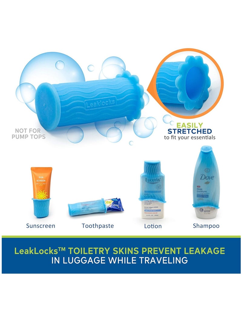 LeakLocks Toiletry Skins Elastic Sleeve for Leak Proofing Travel Container in Luggage. For Standard and Travel Sized Toiletries. Reusable Accessory for Travel Bag Suitcase and Carry-on Luggage