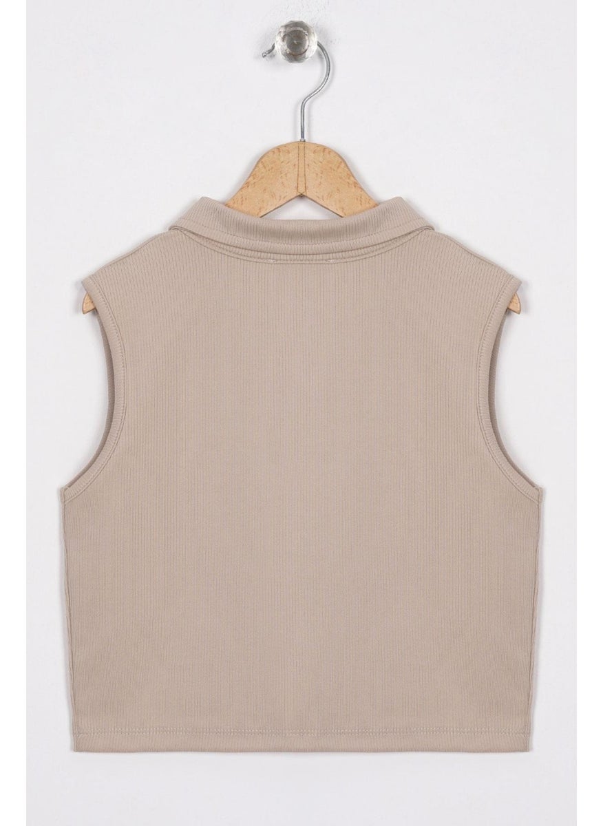 Collar Detailed Beige Color Girl Crop