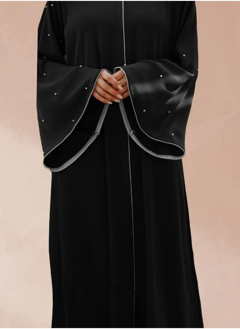 Black Bell-Sleeve Abaya with White Contrast & Handwork