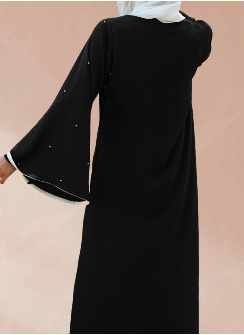 Black Bell-Sleeve Abaya with White Contrast & Handwork