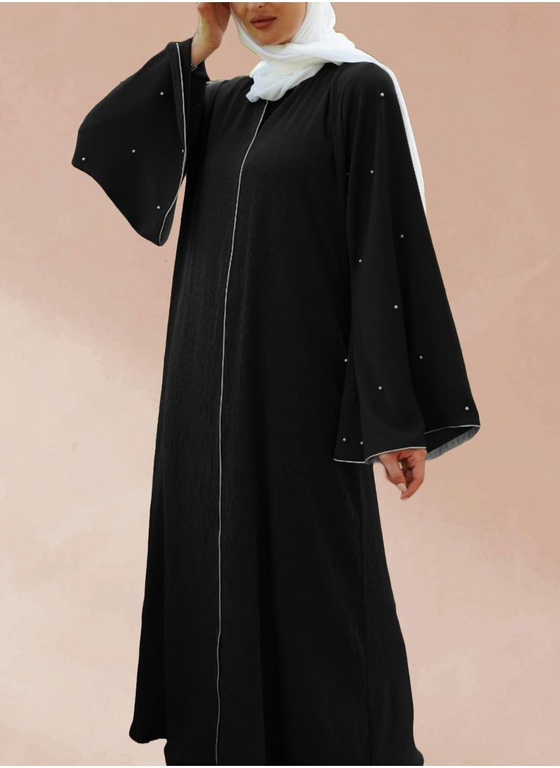 Black Bell-Sleeve Abaya with White Contrast & Handwork