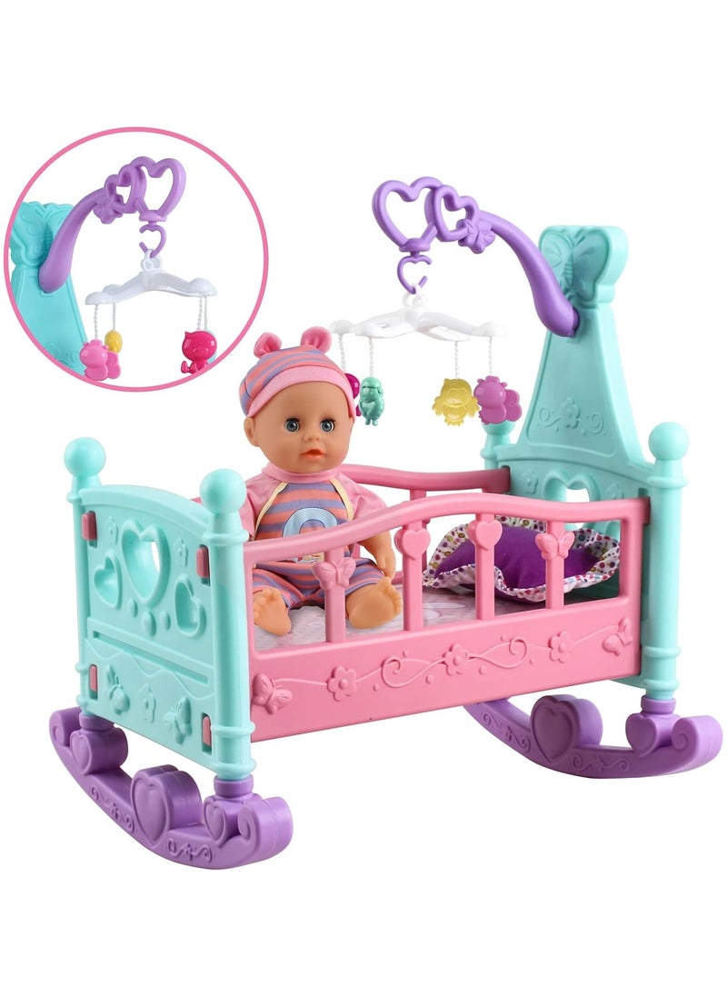 12” Baby Doll Play Set with Crib, Mobile, High Chair Feeding Accessories, Interactive Dolls for Girls Kids Pretend Play Baby Dolls 21 PCS