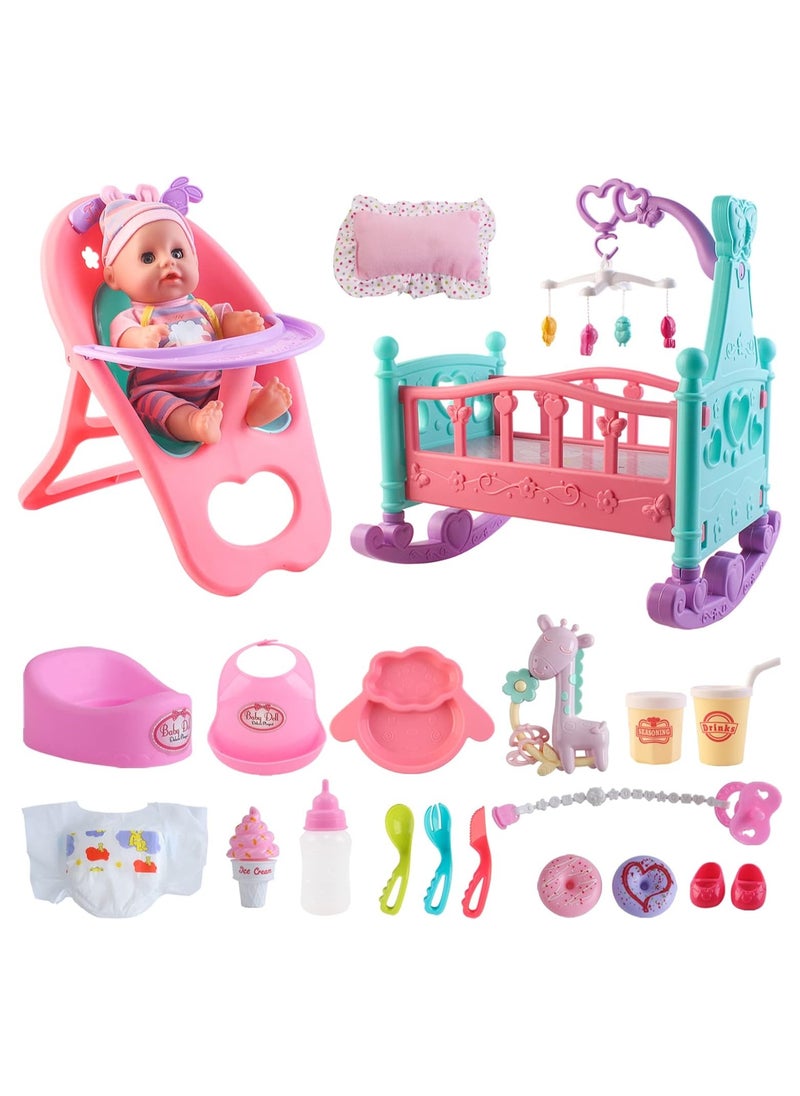 12” Baby Doll Play Set with Crib, Mobile, High Chair Feeding Accessories, Interactive Dolls for Girls Kids Pretend Play Baby Dolls 21 PCS