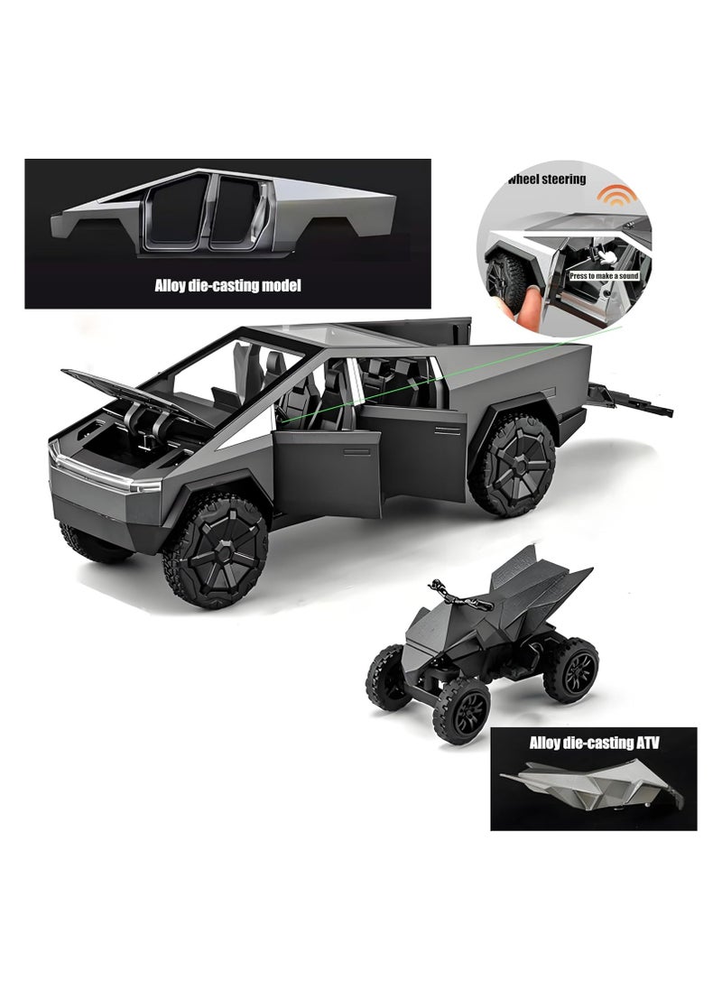 Tesla Cybertruck Pickup With Motorcycle Alloy Car Model Diecast Toy Vehicle Sound and Light Simitation Cars Model Toys Gift