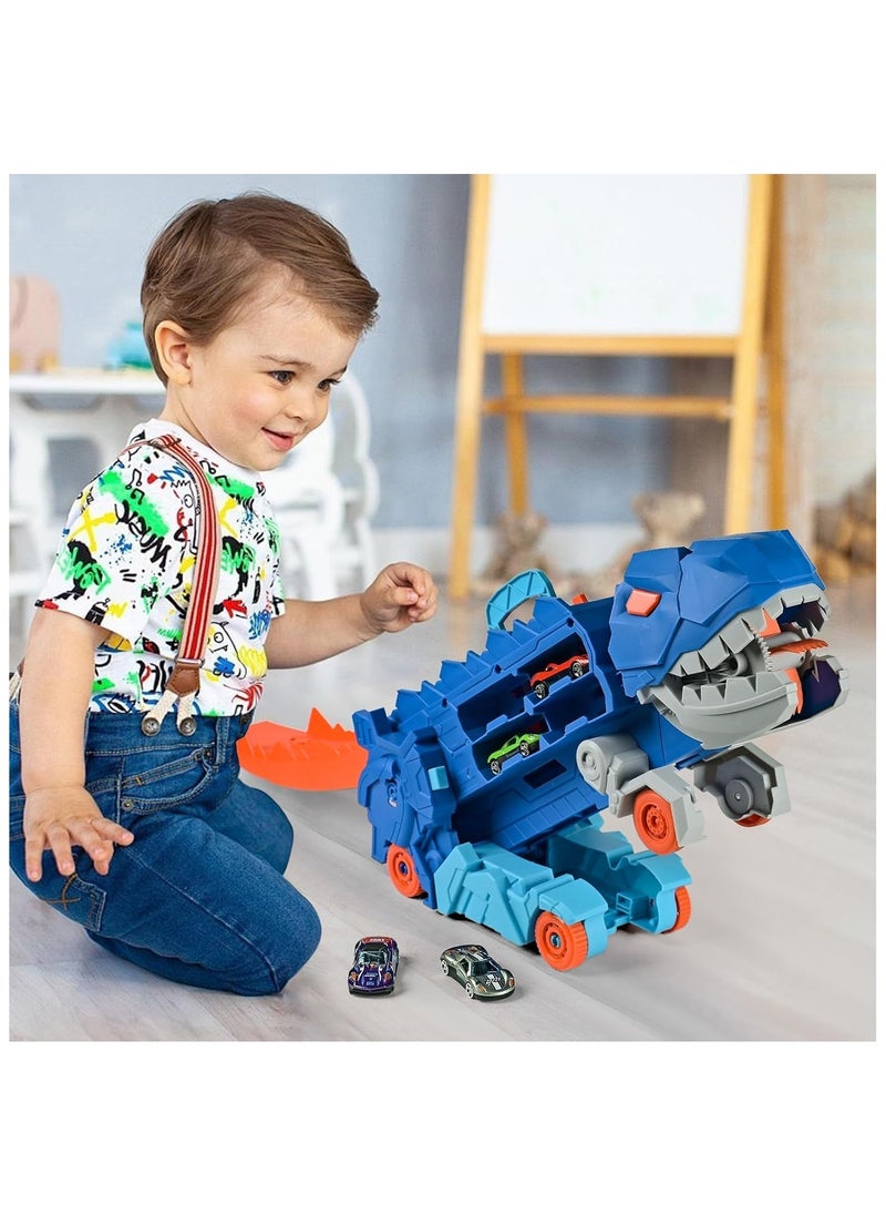 Toddler Truck Toys for 3 4 5 6 Years Old Boys, Toys Cars Track Set Dinosaur Transporter Truck with 8 Die-Cast Car Toys, Transforms into Dino, Toddler Car Toys Set for Kids