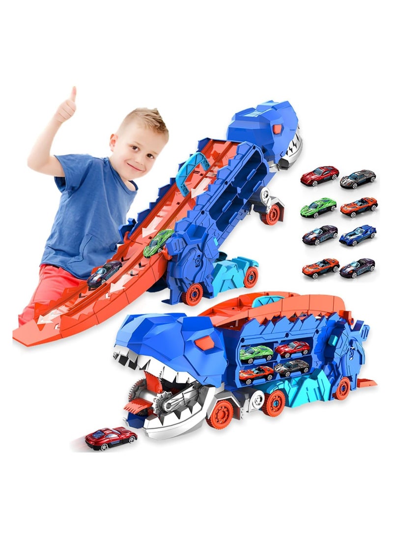 Toddler Truck Toys for 3 4 5 6 Years Old Boys, Toys Cars Track Set Dinosaur Transporter Truck with 8 Die-Cast Car Toys, Transforms into Dino, Toddler Car Toys Set for Kids