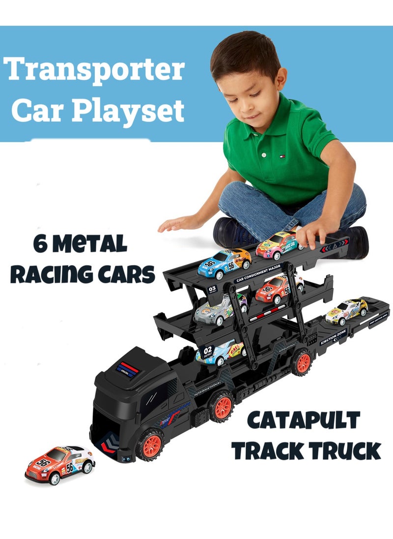 Transporter Car Playset, Catapult Track Truck with 6 Metal Racing Cars Foldable 4 Tier Storage Car Car Rack ，Expanded 45 cm Race Track for Kids Gifts for Ages 3 and Up, Birthday Gift (Black)