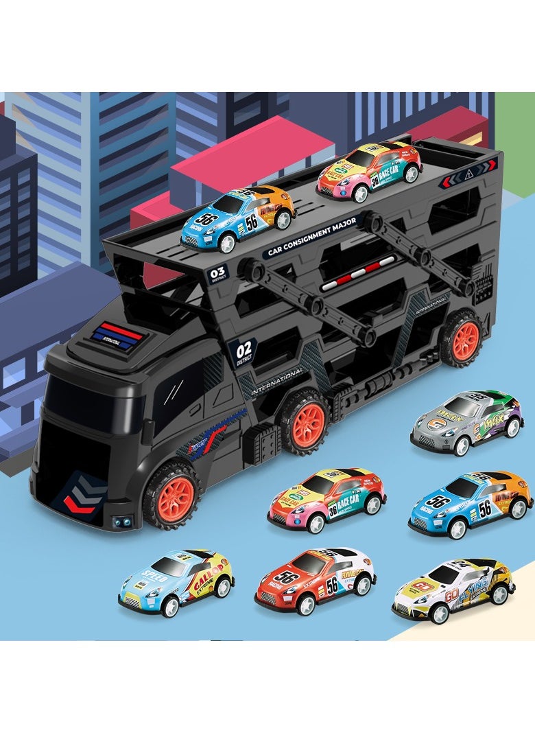 Transporter Car Playset, Catapult Track Truck with 6 Metal Racing Cars Foldable 4 Tier Storage Car Car Rack ，Expanded 45 cm Race Track for Kids Gifts for Ages 3 and Up, Birthday Gift (Black)