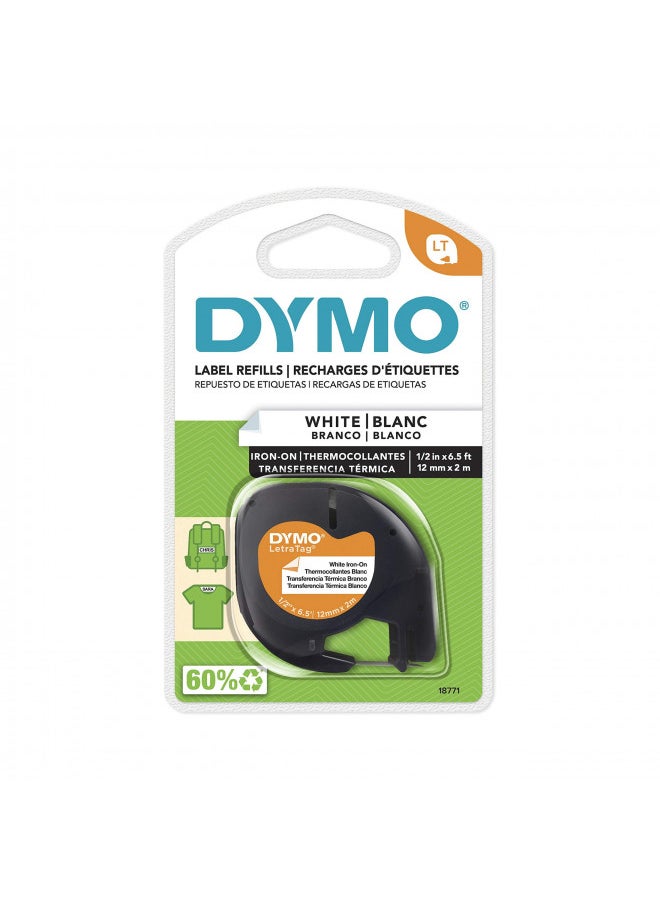 DYMO 18771 LT Iron-On Fabric Labels, 1/2-Inch x 6.5-Foot Roll, Black Print on White, Iron On, for LetraTag Printers