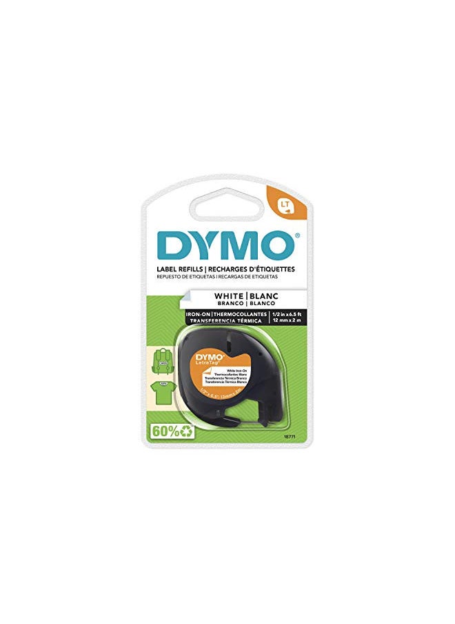 DYMO 18771 LT Iron-On Fabric Labels, 1/2-Inch x 6.5-Foot Roll, Black Print on White, Iron On, for LetraTag Printers