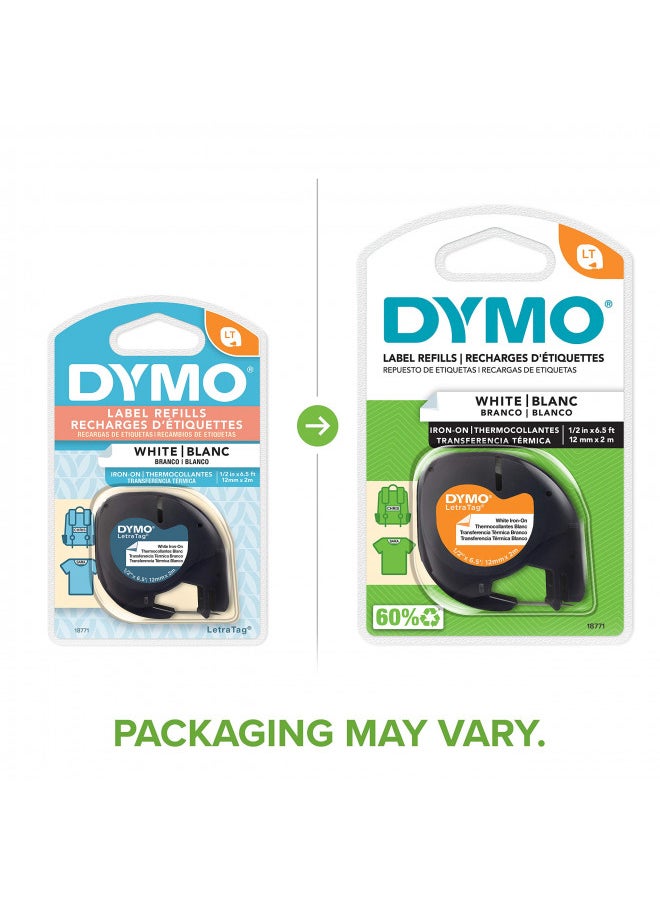 DYMO 18771 LT Iron-On Fabric Labels, 1/2-Inch x 6.5-Foot Roll, Black Print on White, Iron On, for LetraTag Printers